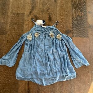 Altamira Blue Women's Top with Floral Embroidered Accents Silk made in Italy